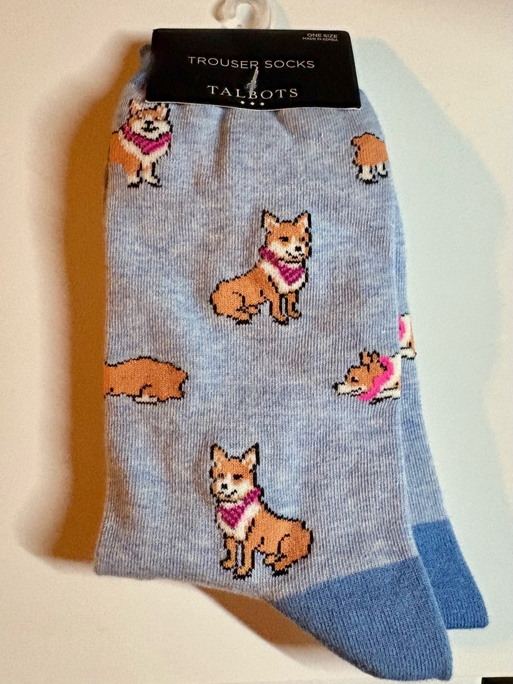 Talbots blue, tan, pink, & white corgi socks.